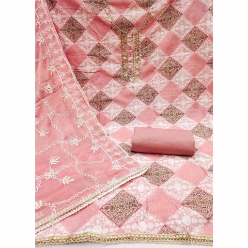 Peach Floral Printed Green Pure Cotton Dress Material With Moti & Gota Patti Handwork Embellishment - Image 3