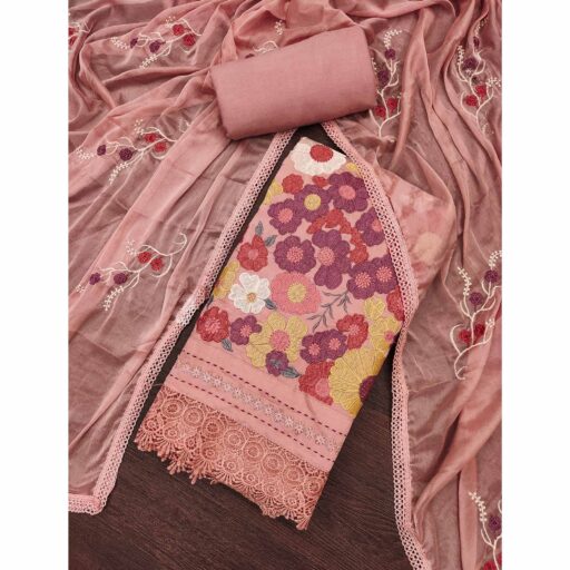 Peach Roman Cotton Silk Dress Material Adorned With Elegant Floral Thread Embroidered Work - Image 2