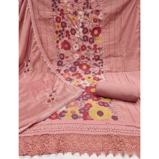Peach Roman Cotton Silk Dress Material Adorned With Elegant Floral Thread Embroidered Work - Image 3