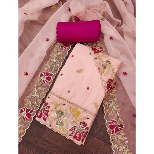 Peach Viscose Organza Dress Material Adorned with Cording & Sequin Embroidery Work - Image 2