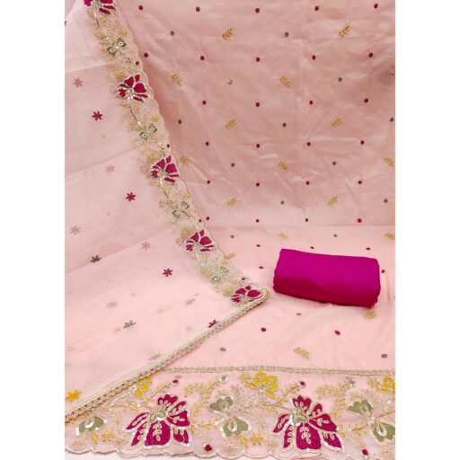 Peach Viscose Organza Dress Material Adorned with Cording & Sequin Embroidery Work - Image 3