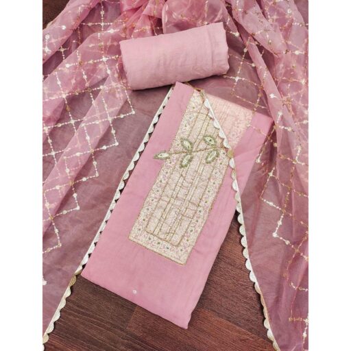 Peach Woven With Intricate Moti Handwork Banarasi Cotton Dress Material - Image 2
