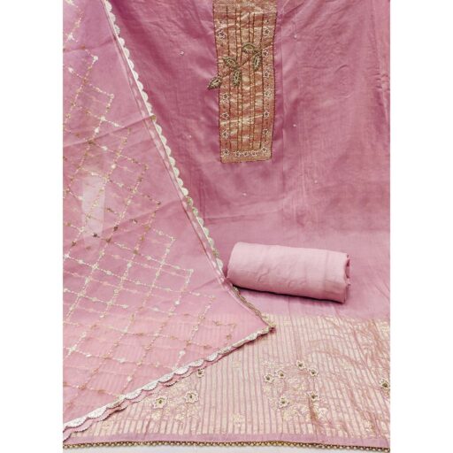 Peach Woven With Intricate Moti Handwork Banarasi Cotton Dress Material - Image 3