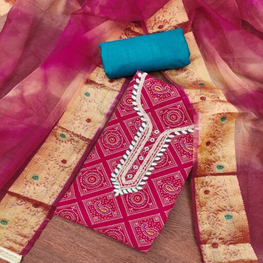 Pink Bandhani Printed Cambric Cotton Dress Material With Intricate Moti & Gota Patti Handwork