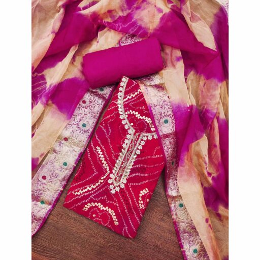 Pink Bandhani Printed Pure Cotton Dress Material With Artistic Moti & Gota Patti Handwork - Image 2