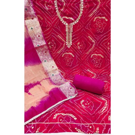 Pink Bandhani Printed Pure Cotton Dress Material With Artistic Moti & Gota Patti Handwork - Image 3