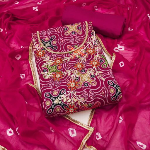 Pink Bandhani Printed Pure Cotton Dress Material With Delicate Moti & Gota Patti Handwork