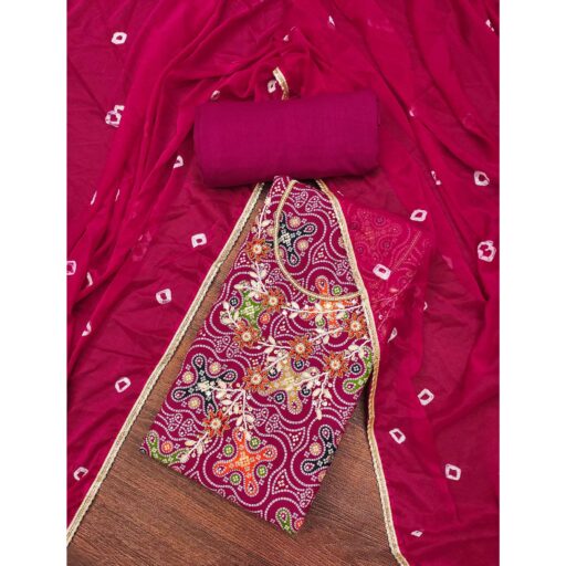 Pink Bandhani Printed Pure Cotton Dress Material With Delicate Moti & Gota Patti Handwork - Image 2