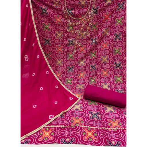 Pink Bandhani Printed Pure Cotton Dress Material With Delicate Moti & Gota Patti Handwork - Image 3