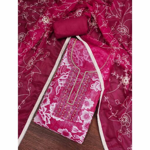 Pink Delicate Floral Sequins & Hand Embellishments On Flowing Organza Dress Material - Image 2