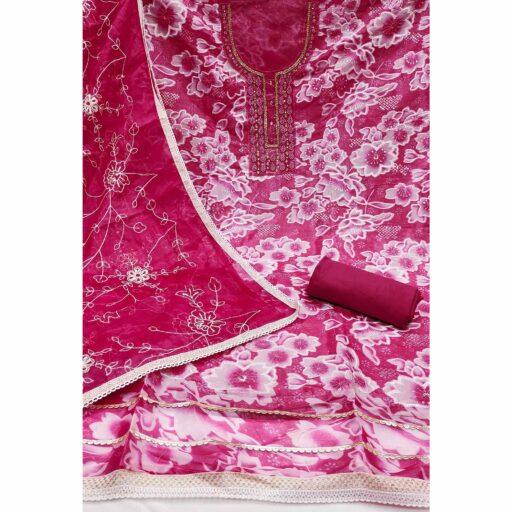 Pink Delicate Floral Sequins & Hand Embellishments On Flowing Organza Dress Material - Image 3