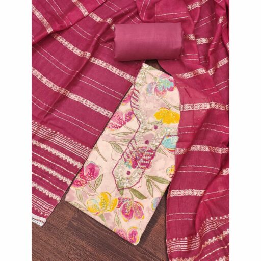 Pink In Jam Cotton with Floral Print & Intricate Moti Handwork Dress Material - Image 2