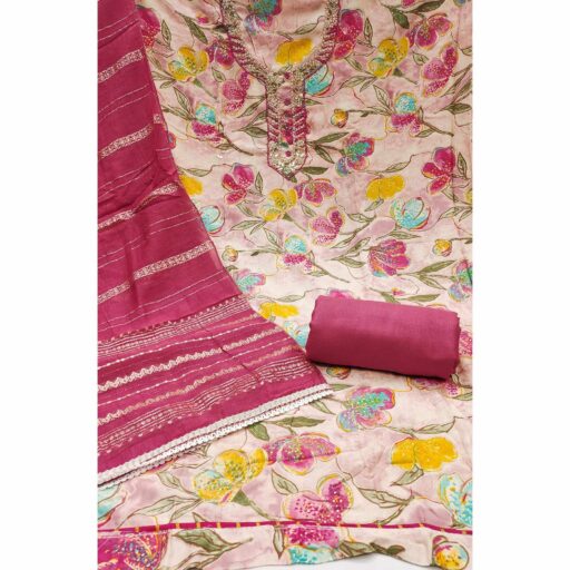 Pink In Jam Cotton with Floral Print & Intricate Moti Handwork Dress Material - Image 3