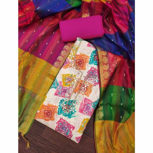 Pink Print & Delicate Moti With Gota Patti Work Cotton Silk Dress Material - Image 2