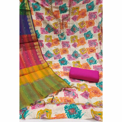 Pink Print & Delicate Moti With Gota Patti Work Cotton Silk Dress Material - Image 3