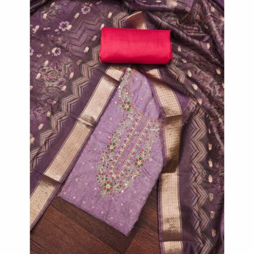 Purple Digital Printed Cotton Silk Dress Material With Intricate Moti & Sequins Handwork - Image 2