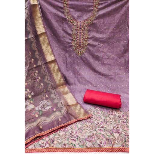Purple Digital Printed Cotton Silk Dress Material With Intricate Moti & Sequins Handwork - Image 3