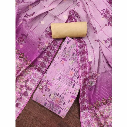 Purple Digital Printed Viscose Cotton Dress Material With Intricate Moti & Sequins Handwork - Image 2