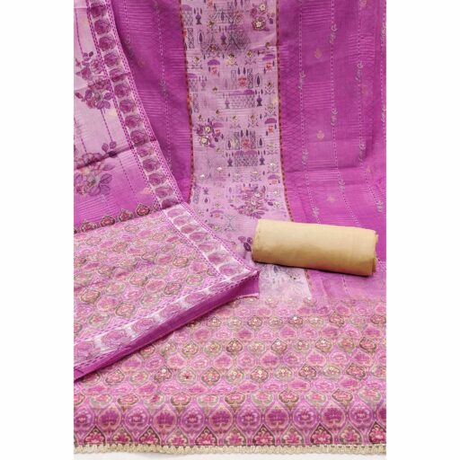 Purple Digital Printed Viscose Cotton Dress Material With Intricate Moti & Sequins Handwork - Image 3