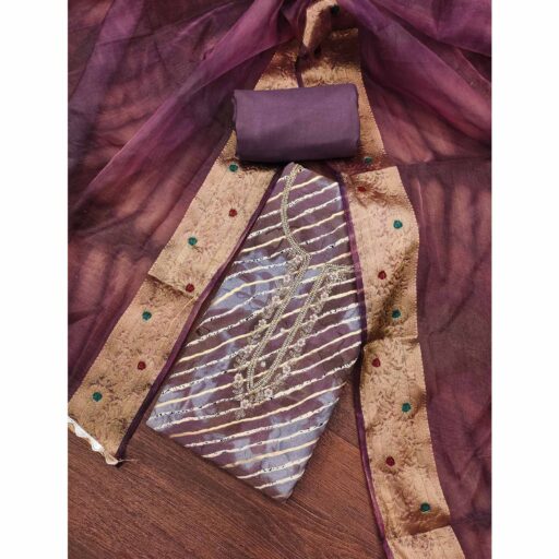 Purple Printed With Intricate Moti Handwork Jam Cotton Dress Material - Image 2