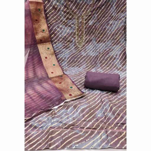 Purple Printed With Intricate Moti Handwork Jam Cotton Dress Material - Image 3