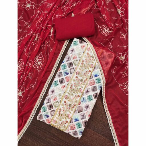 Red Digital Printed With Sequins Embroidery & Handwork Pure Cotton Dress Material - Image 2