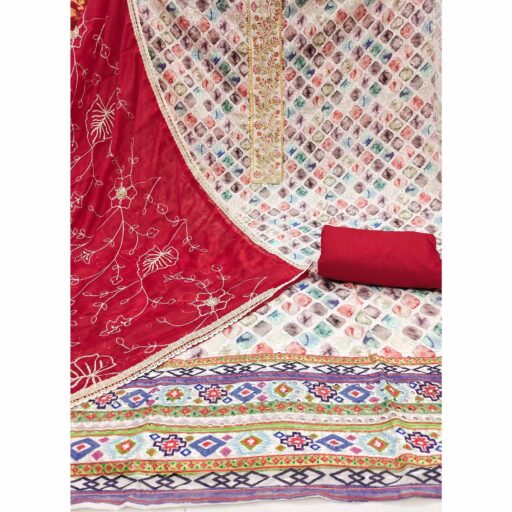 Red Digital Printed With Sequins Embroidery & Handwork Pure Cotton Dress Material - Image 3