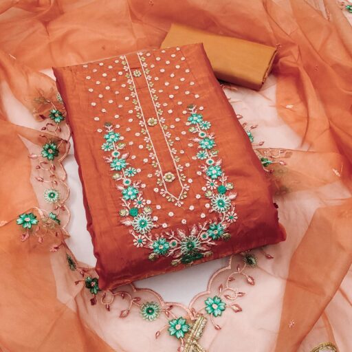 Rusty Orange Dress Material In Viscose With Intricate Floral Sequins Embroidery & Handwork - Image 2
