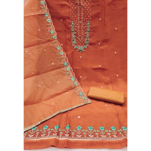 Rusty Orange Dress Material In Viscose With Intricate Floral Sequins Embroidery & Handwork - Image 3