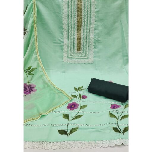 Sea Green Floral Printed With Intricate Handwork Embroidered Cotton Silk Dress Material - Image 3