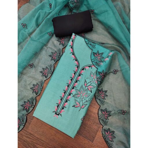 Turquoise Cotton Silk Dress Material With Intricate Floral Thread Embroidery - Image 2