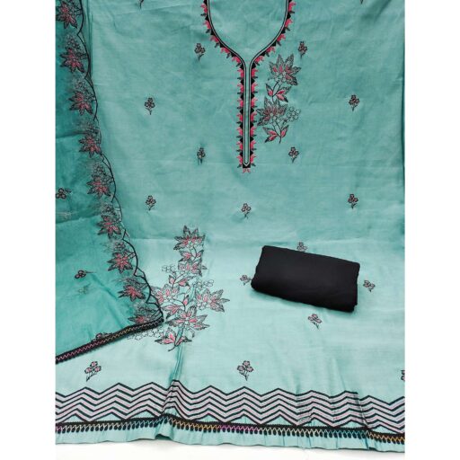 Turquoise Cotton Silk Dress Material With Intricate Floral Thread Embroidery - Image 3
