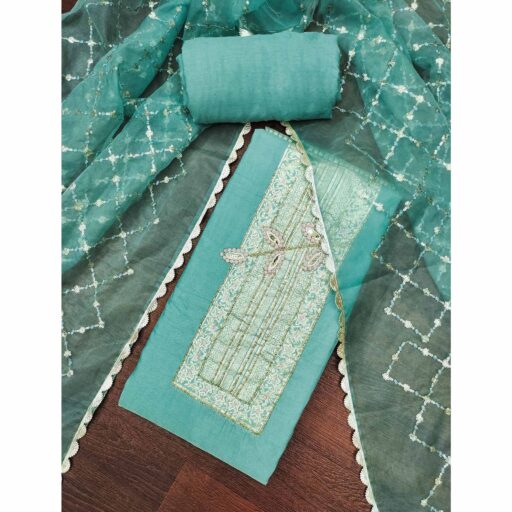 Turquoise Woven With Intricate Moti Handwork Banarasi Cotton Dress Material - Image 2