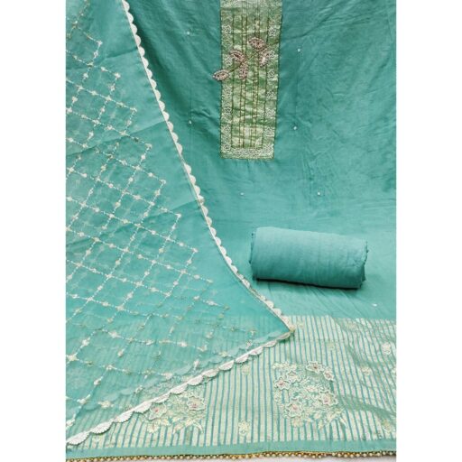 Turquoise Woven With Intricate Moti Handwork Banarasi Cotton Dress Material - Image 3