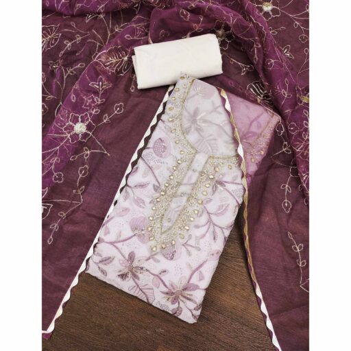 Wine Floral Elegance Dress Material With Handwork & Sequins On Organza - Image 2