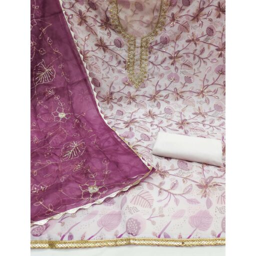 Wine Floral Elegance Dress Material With Handwork & Sequins On Organza - Image 3
