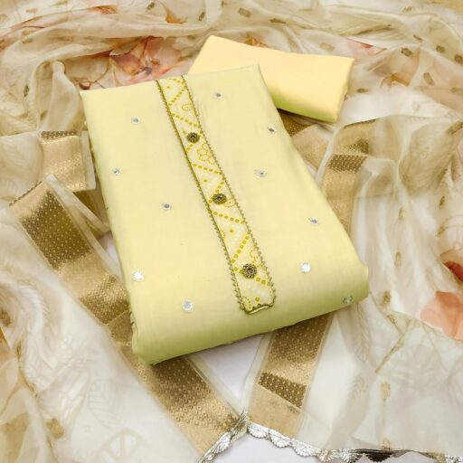 Yellow Cotton Silk Dress Material With Intricate Thread Embroidery With Handwork - Image 2