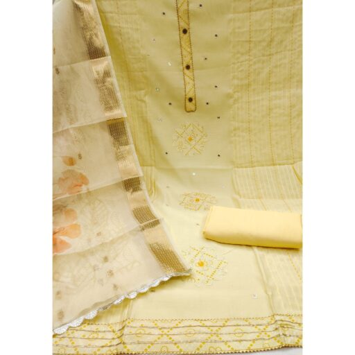 Yellow Cotton Silk Dress Material With Intricate Thread Embroidery With Handwork - Image 3