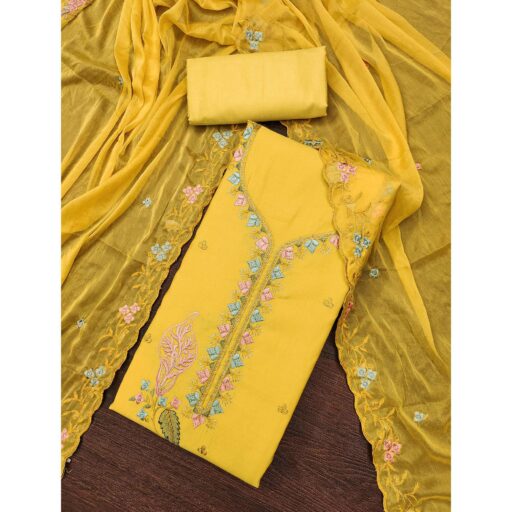 Yellow Dress Material In Cotton Silk With Floral Embroidery & Sequin Accents - Image 2
