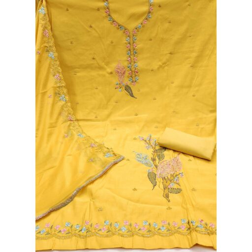 Yellow Dress Material In Cotton Silk With Floral Embroidery & Sequin Accents - Image 3