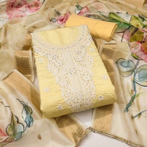 Yellow Thread Embroidered Cotton Silk Dress Material With Floral Motifs & Stone Work - Image 2
