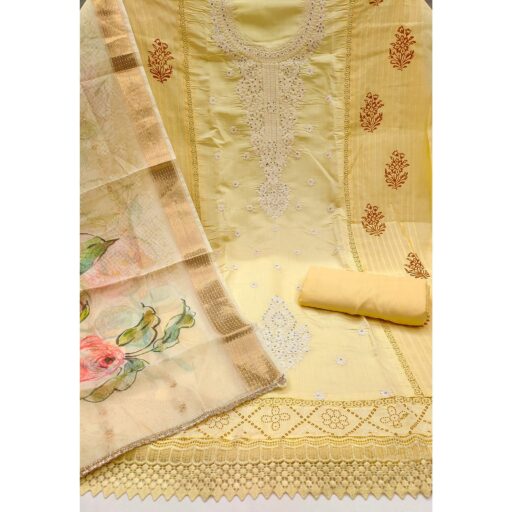 Yellow Thread Embroidered Cotton Silk Dress Material With Floral Motifs & Stone Work - Image 3