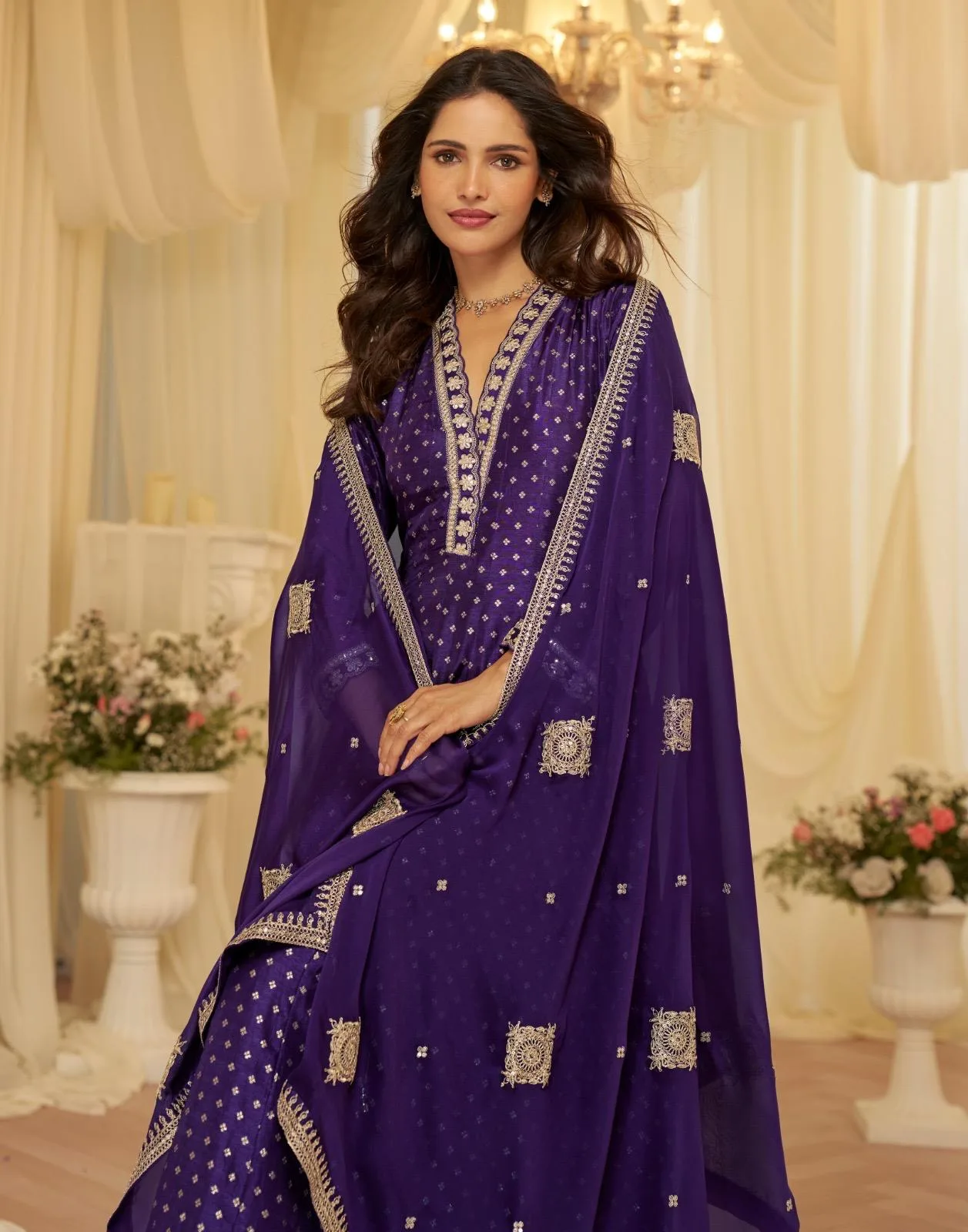 AARADHANA 3 PCS Pure Viscos Jacquard Silk Gown Set | ER - Design Number 1