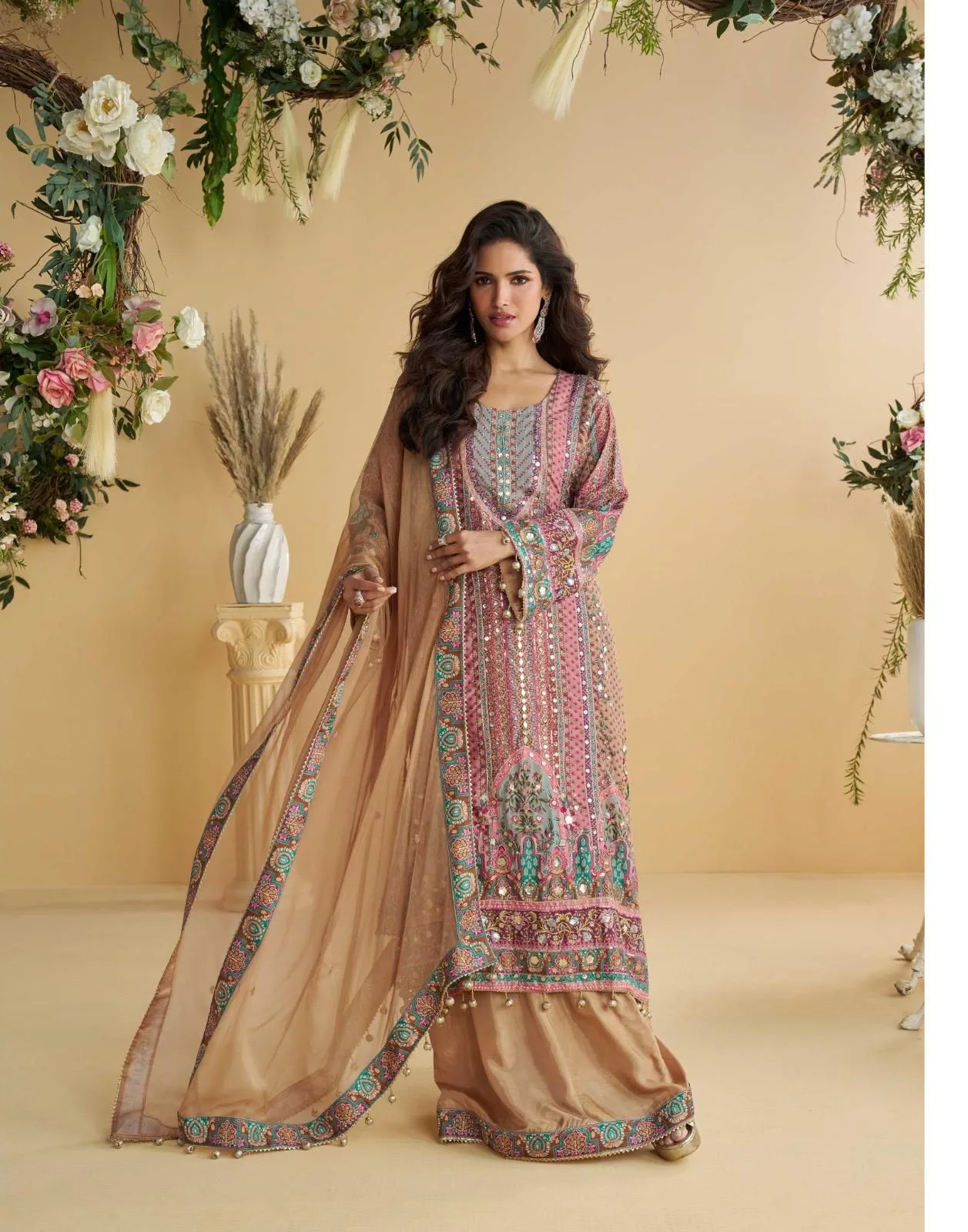 ANIKA Premium Natural Crep Silk Printed Set with Aari Work | ER - Design Number 1