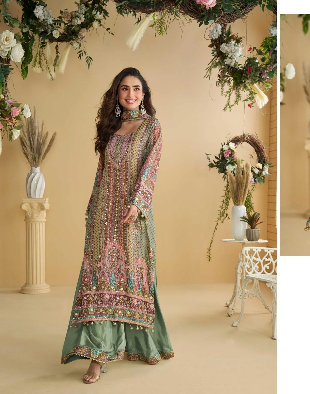 ANIKA Premium Natural Crep Silk Printed Set with Aari Work | ER - Design Number 2