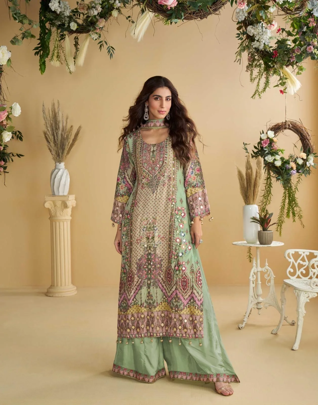 ANIKA Premium Natural Crep Silk Printed Set with Aari Work | ER - Design Number 3