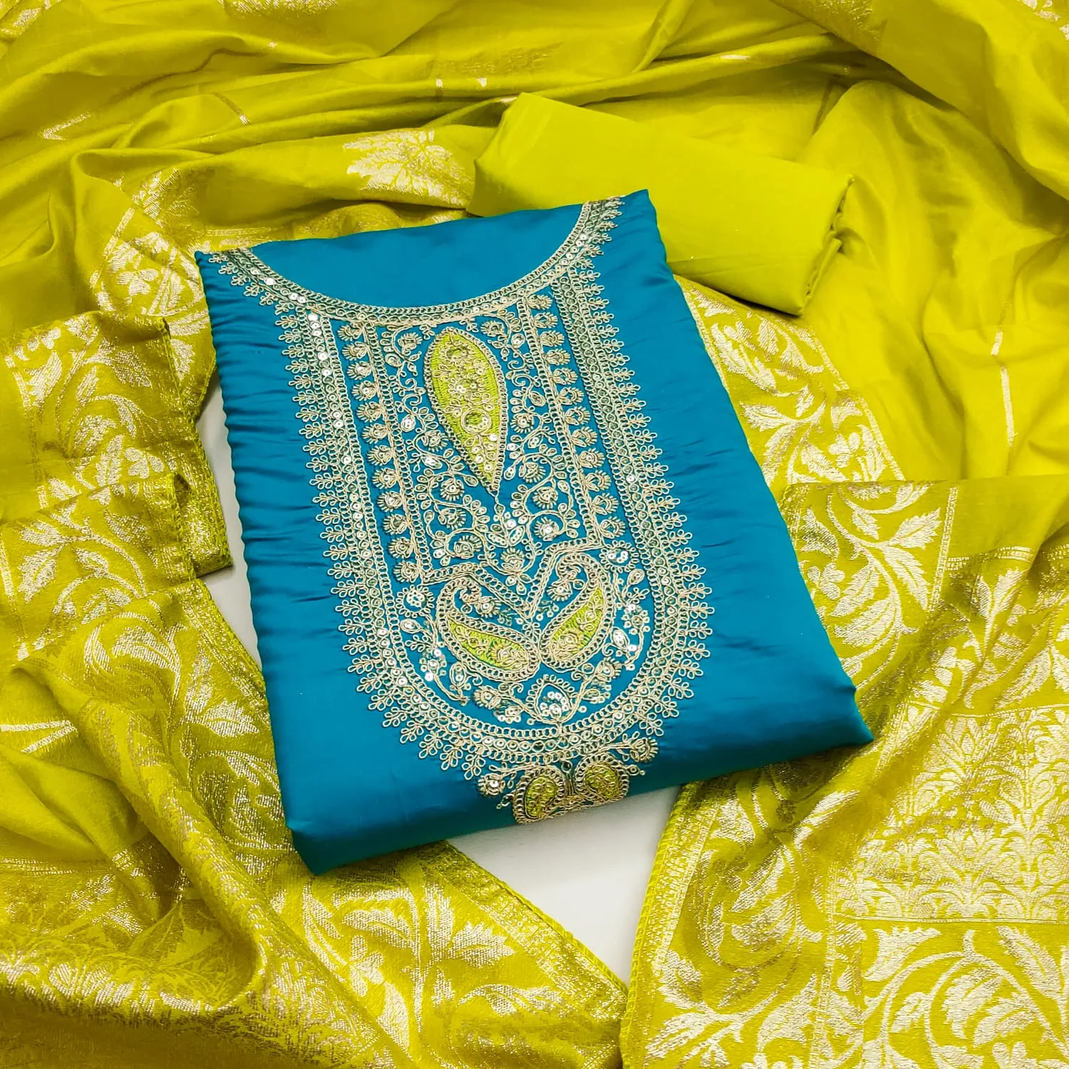 Chandani Dress Material Top PV Roman Silk Kodding Squance Work Bottom Santoon Dupatta Chanderi Silk Zakard - Design Number 1