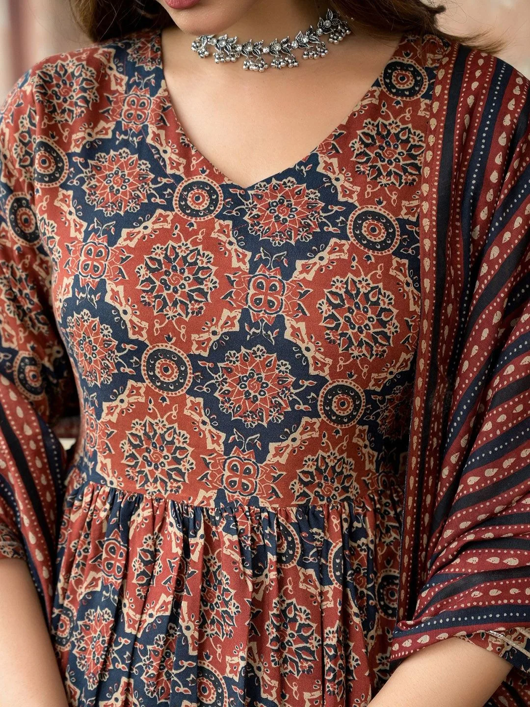 Design 2038 Maroon Rayon Printed Kurti Pant Dupatta - Design Number 1