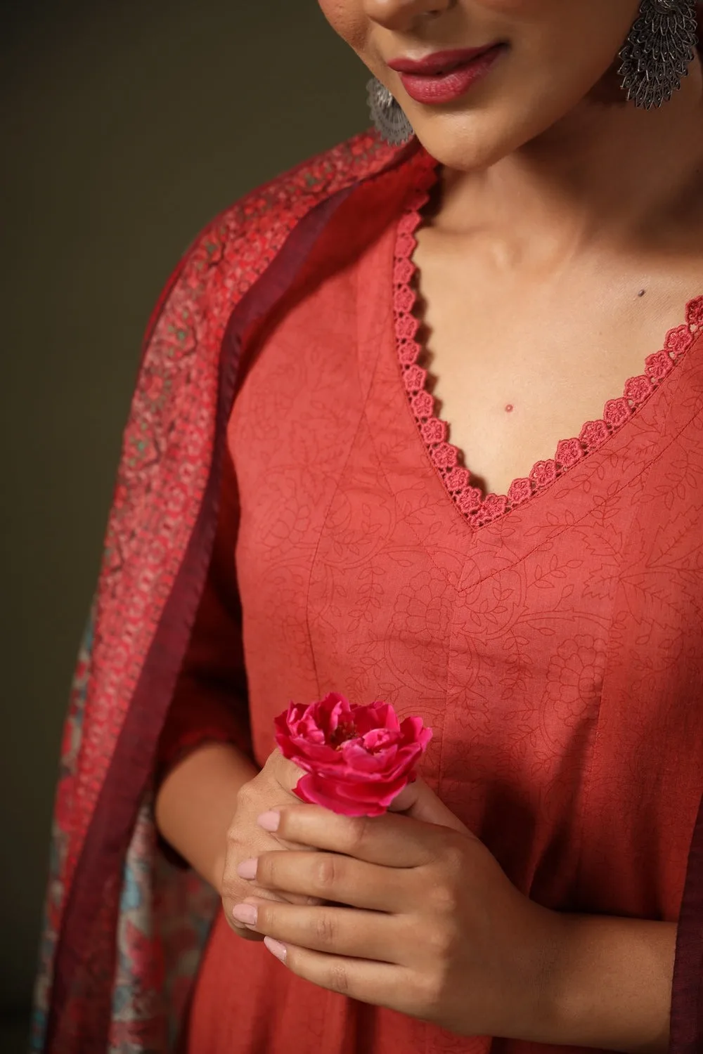 Design 2047 Rust Rayon Printed Kurti Pant Dupatta - Design Number 1