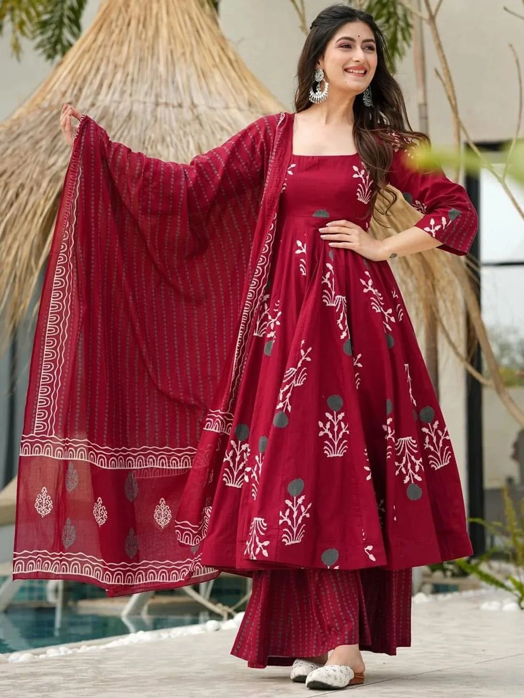 Design 2049 Maroon Rayon Printed Kurti Pant Dupatta - Design Number 1